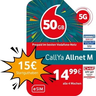 Vodafone Prepaid CallYa M eSIM | 50 GB | 15 EUR Startguthaben | ohne Vertrag | 5G-Netz | Telefon- SMS-Flat | EU-Roaming