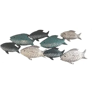 LB H&F Lilienburg Wanddekoobjekt Wanddeko Wandobjekekt Bad Badezimmer Fische Metall Fisch (tierfigur schwarm schwarmfisch familie maritimes Design deko-wandbild modern eisen wandhänger schlafzimmer vintage blau weiss meer ozean see wandfigur dekofigur, wandbild maretim wandposter wand deko objekt skulptur badezimmer), Wandskulptur Fischschwarm maritim creme - blau 48 cm wohnzimmer blau