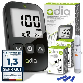 diabetikerbedarf adia Blutzuckermessgerät (mg/dl) mit 110 Blutzuckerteststreifen, 10 Lanzetten, 1 St