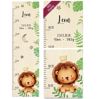Messlatte Kind Holz - Süßer Löwe mit Name und Datum Kindermesslatte Löwenmotiv niedlich I - 90-150 cm - Holz - kinder personalisierte personalisierter personalisiertes baby geschenke für