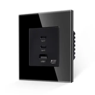 JIMEIDA Glas Steckdose Schwarz Glas 65W Schnellladung 2 Type-C und 1 USB-A Schnittstelle Unterputz Steckdose 86 * 86mm