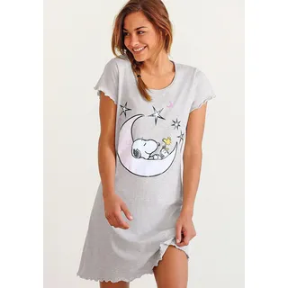 Peanuts Nachthemd PEANUTS, Damen, Gr. 32/34, N-Gr, grau (grau, meliert), Single Jersey, Obermaterial: 100% Baumwolle, Basic, bequem kurz, Rundhals, eingesetzt Babylock kontrastfarben, Kleider Nachthemd, mit Snoopy-Print und Kräuselsäumen