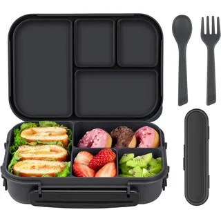 Amathley Brotdose Kinder Mit FäChern,Bento Box Kinder,Brotdose Erwachsene,1200ml Lunchbox Mit 4 FäChern Und Besteck,Mikrowellen Und SpüLmaschinenfest,BPA-Frei Und Wiederverwendbar (Dunkelgrau)
