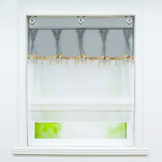 Joyswahl Voile Ösenrollo Landhausstil halbtransparenter Raffrollo mit Perlenkanten »Celine« Schals Raffrollo mit Hakenaufhängung, ohne Bohren BxH 60x140cm Grau 1 Stück