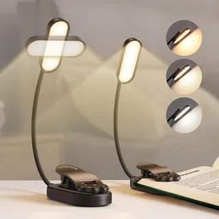Bonsery Leselampe Buch Klemme 2 Stück, USB C Wiederaufladbare Buchlampe 16 LED mit Stufenlose Dimmung & 3 Modi (Warm/Kühl/Natürlich), 360° Flexibel Leselampe Buch für Nachtlesen ins Bett, Schwarz
