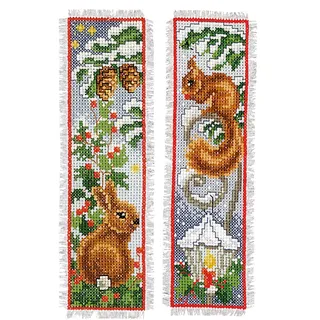 Vervaco Lesezeichen Kreuzstich Stickpackungen Gezählter Kreuzstich Hase und Eichhörnchen 2er DIY Set Erwachsene Sticken Lesen Zubehör Geschenk Zählmusterpackung ca. 6 x 20 cm Stickset für Anfänger