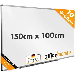 OfficeMarshal Magnetisches Whiteboard 150x100cm mit Alurahmen und abnehmbare Stiftablage für Büro, Heim und Schule, Magnettafel Kratzfest und trocken abwischbar | Magnetboard