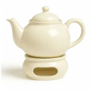 Bunzlauer Keramik Teekanne 1,25 L Teekanne mit Stövchen – Klassische, rundliche Form, Dekor Creme, 1,25 l weiß