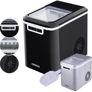 Arebos Eiswürfelmaschine Ice Cube Maker, 12 kg / 24 h, 10-15 Minuten Produktionszeit 2 Eiswürfel-Größen, 2,2 Liter Wassertank, Eiswürfelbereiter Leise Selbstreinigungsfunktion Schwarz