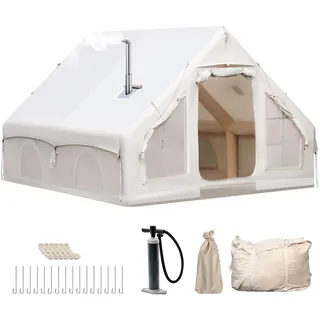 Aufblasbares Campingzelt mit Pumpe, 420D Oxford Glamping Aufblasbares Zelt für Camping mit Kaminöffnung & Dachfenster, 4 Saison Anti-UV Kabinenzelt mit Mesh Fenster & Türen für 7-12 Person