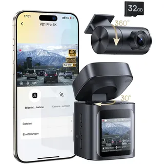 Baseus VD1 Pro Dashcam Auto Vorne Hinten 4K+1080P, Solar-Dashcam mit 14-Tägiger Batterie-Standby-Parkmodus, Dash Camera Auto mit Akku, STARVIS Nachtsicht, 5GHz WLAN, GPS, 32GB Karte