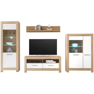 Stella Trading Wohnwand BALIN, Artisan Eiche Dekor - Weiß matt - 4-teilig - mit LED-Beleuchtung