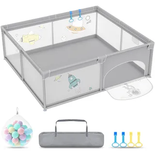 Aufun Laufstall Baby Laufgitter 300D Oxford Gewebe, mit Anti-Kollision Schaum Absperrgitter, Atmungsaktivem Netz, Reißverschluss (Grau, 180x200x68cm)