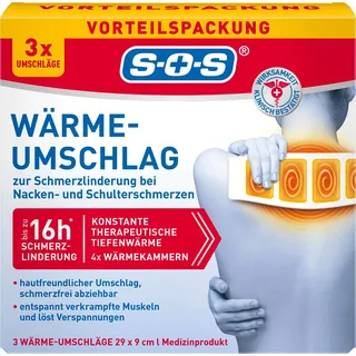 SOS Wärme-Umschlag (3er Pack) - Schmerzlinderung bei Muskel- & Gelenkschmerzen, Beschwerden im Nacken & Schulterbereich - löst Verspannungen - bis zu 8 Stunden Wärme