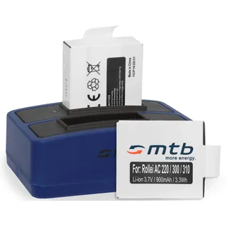 2 Akkus + Dual-Ladegerät (USB) für Rollei Actioncam 220, 300, 300 Plus, 310, 330, 333, 350, 415, 416, 422 (inkl. Micro-USB-Kabel)