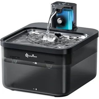 DownyPaws 2.5L Trinkbrunnen für Katze Kabellos, Katzenbrunnen, Schwarz | Bewegungsmelder, Batteriebetrieben, 4000mAh, Leise Wasserpumpe, Tablett aus Edelstahl, Katzen trinkbrunnen