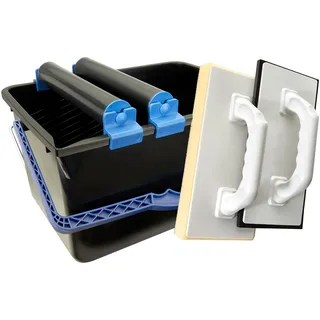 Helpmate Fliesenwaschset 5-teilig 12 Liter Kunststoff Eimer, Doppelrollenaufsatz, Fliesenwaschbrett und Verfugbrett Made in Germany