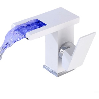 URPIZY -Wasserhahn mit Licht Bad, LED Wasserfall Badezimmer Wasserhahn Schwarz & Weiß ,Led Licht 3 Farben Ändern Auslauf Waschtischarmatur(White)
