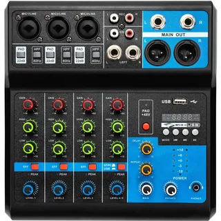 5 Kanal Mischpult DJ Mischer Bluetooth/USB-Wiedergabe Stereo-Eingang und -Ausgang 48V Phantomspeisung Mini Audio Mixer