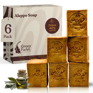GREEN FADEL Aleppo Seife Original, 40% Lorbeeröl, 60% Olivenöl, 6 x ca. 200g (Deluxe), Olivenölseife, Naturseife, Kernseife, Handgemacht, Vegan