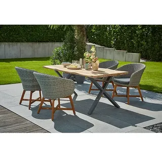 Sunfun Pauline Gartenmöbel-Set  (6 -tlg., Baumkante/X-Gestell, Teak/Edelstahl/Akazie, Teak/Grau/Braun)