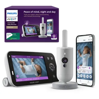 Philips AVENT Premium Connected Videophone, das bisher Beste Babyphone, Schlaf- und Atmungs-Tracking mit KI, Schrei-Interpretation, DEKRA p... - Weiß
