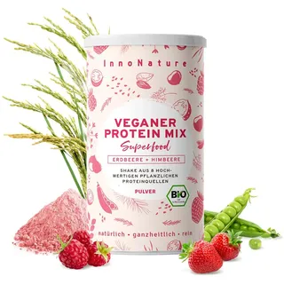 InnoNature Bio Erdbeere+Himbeere Protein Mix I mit 8 pflanzlichen Proteinquellen und hochwertigem Beerenpulver I 450g | Vegan & ohne künstliche Süßungsmittel