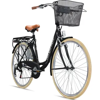 Bergsteiger Paris 28 Zoll Damenfahrrad, ab 160 cm, Korb, Fahrrad-Licht, Shimano 6 Gang-Schaltung, Damen-Citybike, Damenrad im Retro-Design - Schwarz