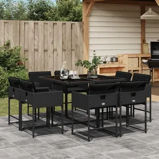 IKAYAA Rattan Essgruppe 8 Personen aus 1 Tisch mit Glasplatte, 8 Stühle, Gartenmöbel Essgruppe Garten Sitzgruppe Rattan Gartenmöbel Set Sitzgarnitur mit Auflagen Gartengarnitur Schwarz
