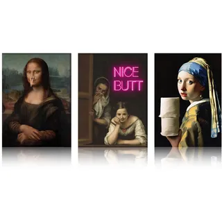 Badezimmer Poster, 3 Stück Leinwand Bild, Mona Lisa Lustig Parodie Wandbild, Humorvoll Gäste WC Deko, Wanddekoration für Toilette, Waschküche, Wandkunst Ohne Rahmen 30×21CM DIN A4