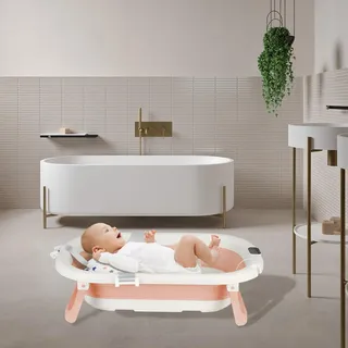 Faltbare Babybadewanne mit rutschfestem Kissen – Tragbares Design für Zuhause und Reisen – Baby-Babywanne zum Baden – leicht zu reinigende faltbare Badewanne BB – 43 x 71 x 18,5 cm (Rosa)