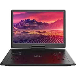 Tragbarer DVD-Player (15,7 Zoll) mit 14,1 Zoll großem HD-Bildschirm, 6 Stunden Akkulaufzeit, unterstützt USB/SD-Karte/Sync-TV und mehrere Disc-Formate, Doppellautsprecher, Schwarz, Boifun