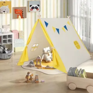 Tipi Zelt für Kinder, Tippi Kinderzelt für Drinnen, Spielzelt Baumwolle & Holz mit Fenster & Wimpelkette, Kinder Tipizelt Spielhaus für Junge &