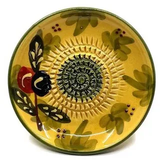 Kaladia - Keramik Reibeteller/Keramikhobel - ideal für Ingwer, Parmesan etc. - Motiv: Grün mit Oliven - Durchmesser: 12 cm - handgemacht & handbemalt - Made in Spain