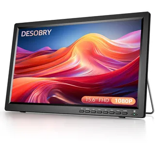 DESOBRY Tragbare Fernseher 15,6 Zoll 1080P Auflösung, Kleiner Fernseher-Unterstützung USB HDMI AV-Eingang und DVB-T2, Camping tv mit akku 12v tv Adapter Fernbedienung und Antenne