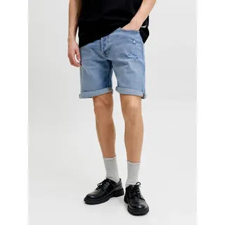 JACK & JONES "JJIORIGINAL mit stylischem Aufschlag und Knopf", Herren, Gr. XL, N-Gr, blau denim pack:am 366 with breaks, Web, Obermaterial: 98% Baumwolle, 2% Elasthan, unifarben, regular fit kniefrei, Hosen Shorts, mit stylischem Aufschlag