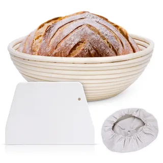 Clheatky Gärkörbchen Rund, ø 23 cm, Höhe 8.5 cm Gärkorb Set mit 1 Leineneinsätze, Schaber, Natürlichem Rattan Proofing Basket Brotkörbchen Brotform für Brot Backen Fasst 600g Teig