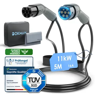 bokman Typ 2 Ladekabel, Modus 3 / 16A / 11 kW / 3-Phasig / 5 Meter, Typ 2 auf Typ 2 EV Ladekabel für Elektroauto mit Tragetasche und Mikrofasertuch