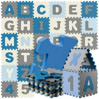 SPIELWERK 86-teilige Puzzlematte Baby Kinder, 3,3m2 Spielmatte Bodenschutzmatte Krabbelmatte Buchstaben Zahlen Abc Lernteppich Xxl Schaumstoff Blau - Spielwerk