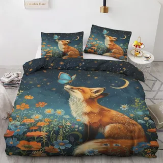 Generisch Fuchs Deko - Winter Bettwäsche 135x200 Fuchs, Wildblumen Schmetterling Bettbezug 135 x 200 2er Set mit 1 Kissenbezug 80x80, Weiche Mikrofaser Winterbettwäsche mit Reißverschluss L*&92
