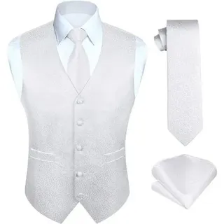 Weste Herren Set Krawatte Einstecktuch Jacquard Hochzeit L Weiß 1