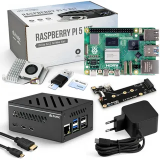 db-tronic Raspberry Pi 5 8GB PCIe M.2 NVMe Set | 64GB Edition | Netzteil 27W | Metallgehäuse | Active Cooler | M.2 NVMe SSD PCIe Board | Ideal für Smart Home, Retro Gaming & Home Assistant