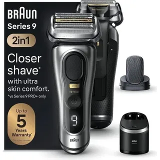 Braun Series 9 Pro+ Rasierer Herren, Elektrorasierer mit 5 Rasierelementen, ProComfort Aufsatz, 2-in-1-System, Reinigungsstation, 60 Min Laufzeit, Made in Germany, 9597cc, Silber