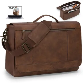 RAINSMORE Aktentasche Herren Leder Wasserdichte Umhängetasche Laptoptasche 15,6 Zoll Vintage Groß Arbeitstasche Messenger Bag Schultertasche für Arbeit Büro Uni Schule