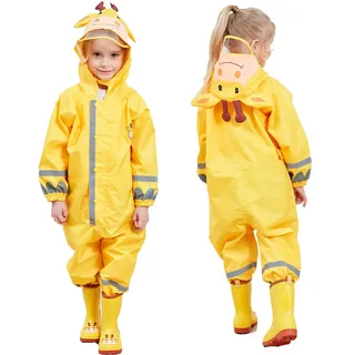 JinBei Matschanzüge Kinder Mädchen Regenmantel Regenanzug für ein Kind Regenjacke mit Kapuze Gefüttert Tasche Set Regen Overall Wasserdicht Atmungsaktiv Matschanzüge 7-10 Jahre, Gelb Hirsch Muster - 7-10 Jahre