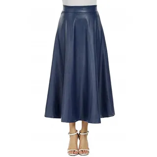 Crepundia Damen Kunstlederrock, Frauen Kunstleder Rock Hohe Taille Reißverschluss Plissee A-Linie Große Swing Flare Langer Rock Winter Vintage Latex Rock Clubwear(Blue,XL)