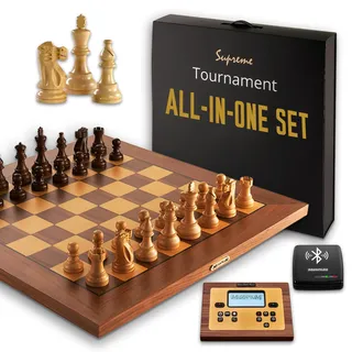 MILLENNIUM Supreme Tournament All-in-One Set – Hochwertiges Holz-Schachbrett in Turniergröße (55 x 55 cm) inkl. Schachcomputer mit 2 Programmen und ChessLink-Modul für Online-Schach