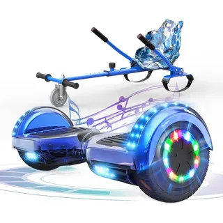 Hoverboards mit sitzscooter Electric Scooter mit Sitz für Kinder, Selbstausgleichender Elektroroller LED-Leuchten und Bluetooth-Lautsprechern, Ges... - Blau