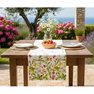 KAMACA Tischläufer Wiesenblumen und Schmetterlinge – 40x140 cm Läufer für Frühling und Sommer – Florales Druck-Motiv für Garten, Outdoor und Haus – Waschbare Tischwäsche