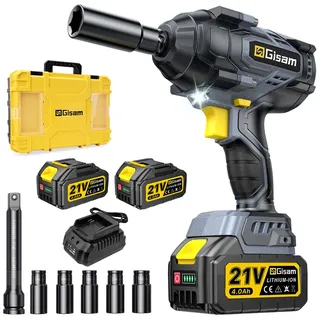 GISAM bürstenloser Akku-Drehschlagschrauber 21 V, 1/2 Zoll, 4000 U/min, 4 Geschwindigkeitsstufen, 1800 Nm (1328 ft-lbs), 2 x 4,0 Ah Akkus, für Auto und LKW, Reifen, zum Lösen von Schrauben und Muttern